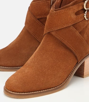  Kadın Süet Deri Taba Gold Detaylı Tokalı Topuklu Bot