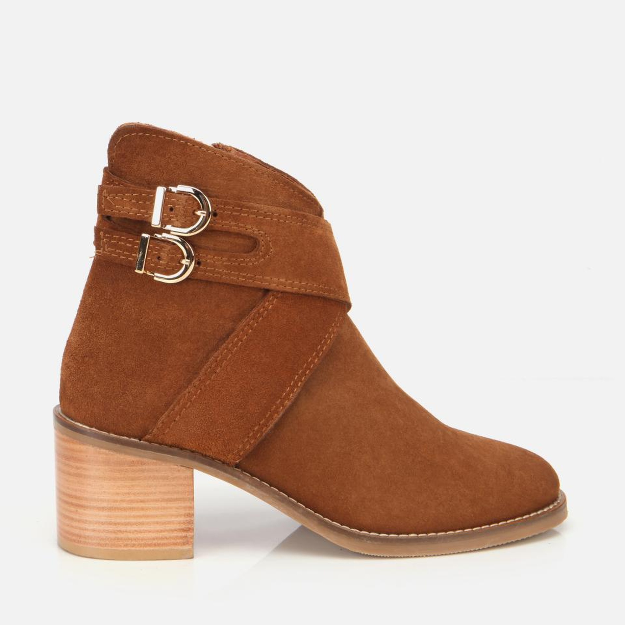 Kadın Süet Deri Taba Gold Detaylı Tokalı Topuklu Bot