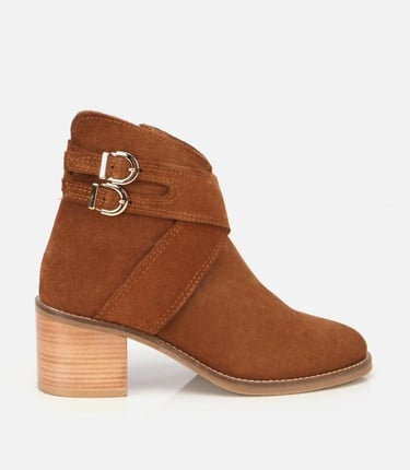  Kadın Süet Deri Taba Gold Detaylı Tokalı Topuklu Bot