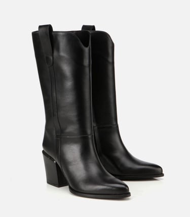  Kadın Deri Siyah Metal Detaylı Topuklu Çizme