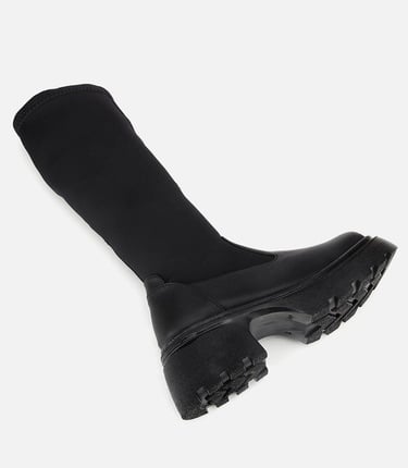  Kadın Siyah Streç Kalın Tabanlı Düz Çizme