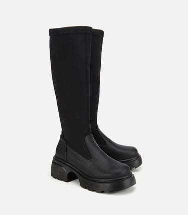  Kadın Siyah Streç Kalın Tabanlı Düz Çizme