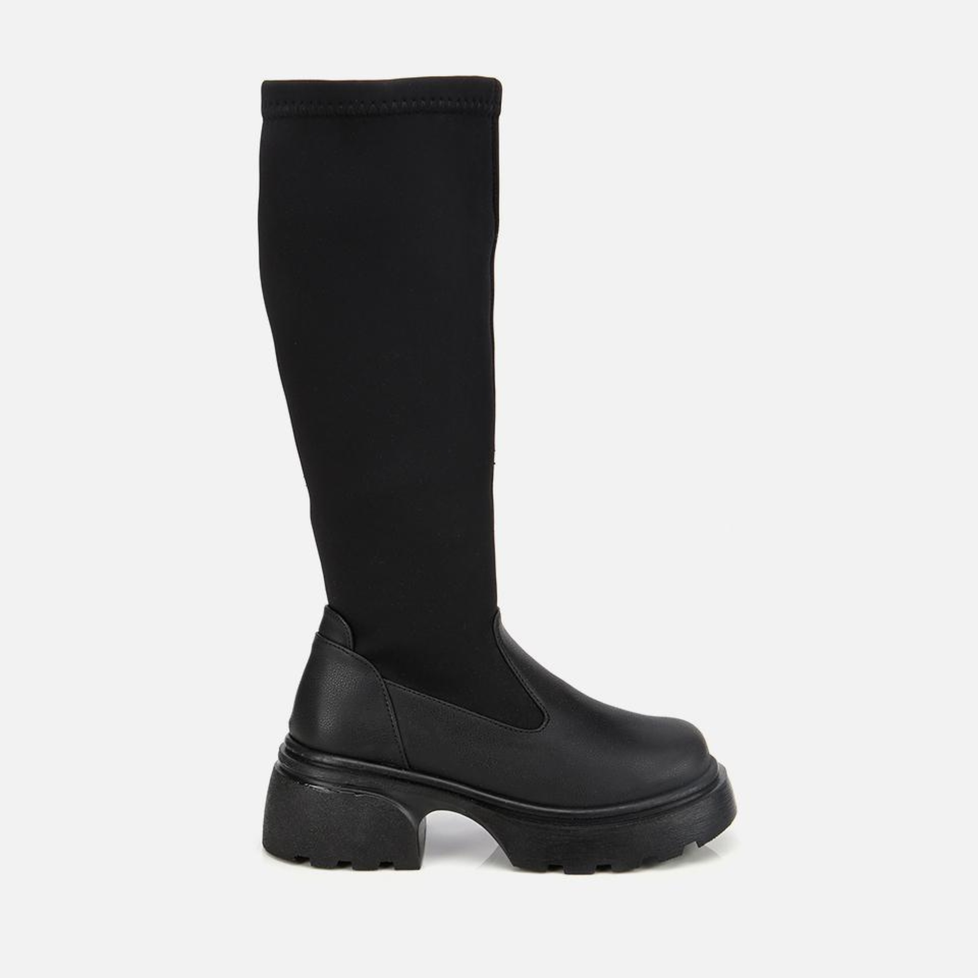 Kadın Siyah Streç Kalın Tabanlı Düz Çizme