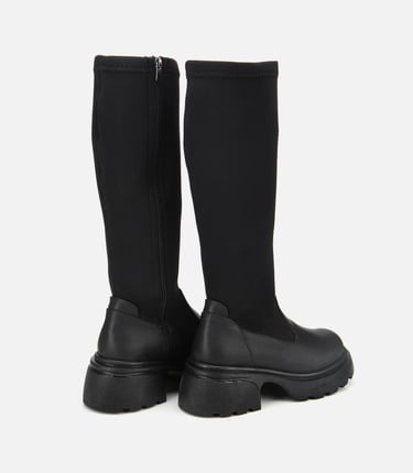  Kadın Siyah Streç Kalın Tabanlı Düz Çizme