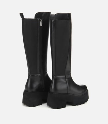  Kadın Siyah Streç Kalın Tabanlı Düz Çizme