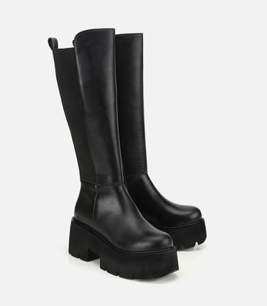  Kadın Siyah Streç Kalın Tabanlı Düz Çizme