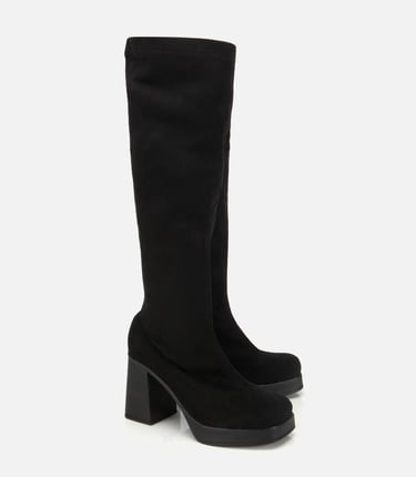  Kadın Siyah Streç Kalın Tabanlı Yüksek Topuklu Çizme