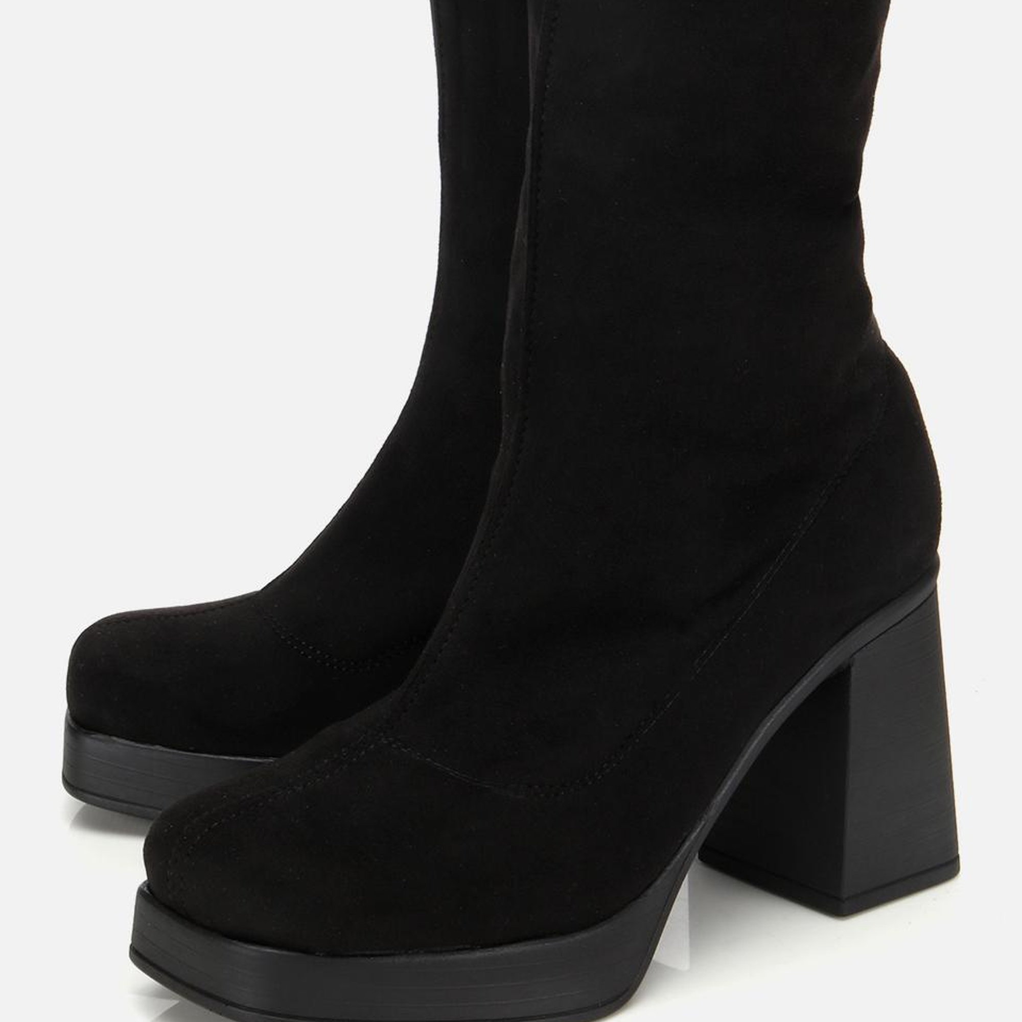 Kadın Siyah Streç Kalın Tabanlı Yüksek Topuklu Çizme