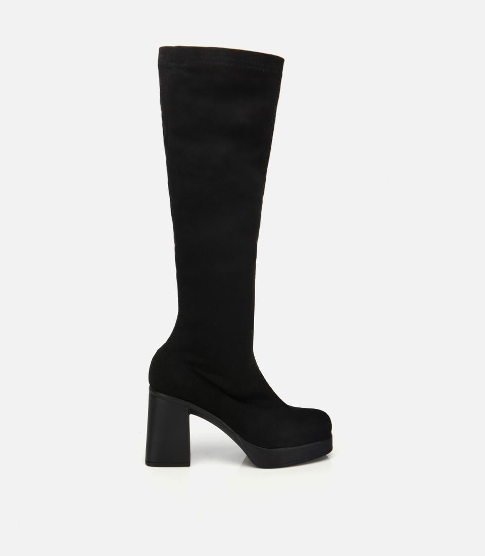  Kadın Siyah Streç Kalın Tabanlı Yüksek Topuklu Çizme