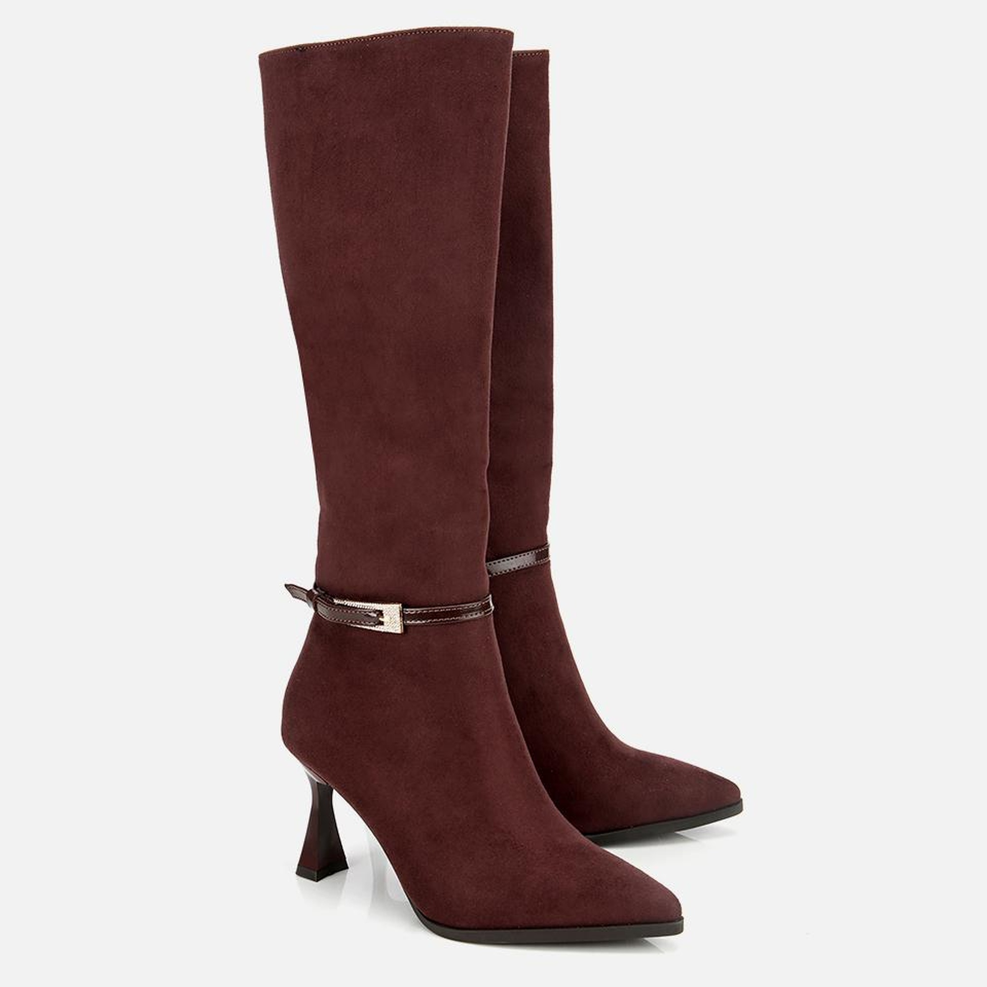 Kadın Süet Kahverengi Tokalı İnce Topuklu Bot