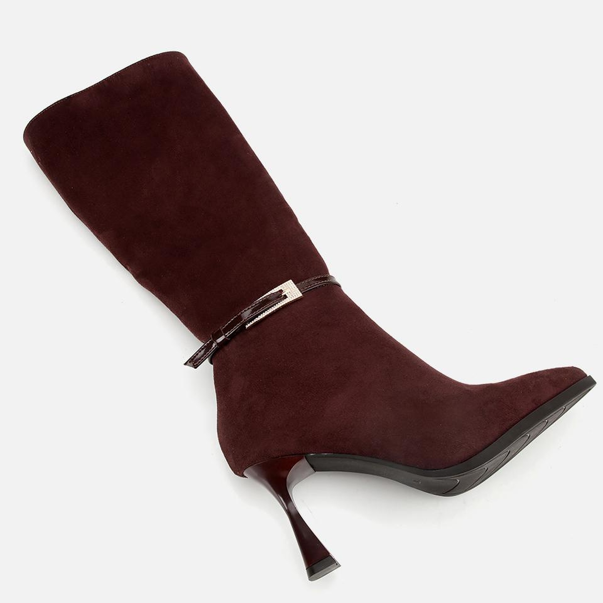 Kadın Süet Kahverengi Tokalı İnce Topuklu Bot