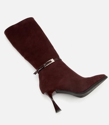  Kadın Süet Kahverengi Tokalı İnce Topuklu Bot