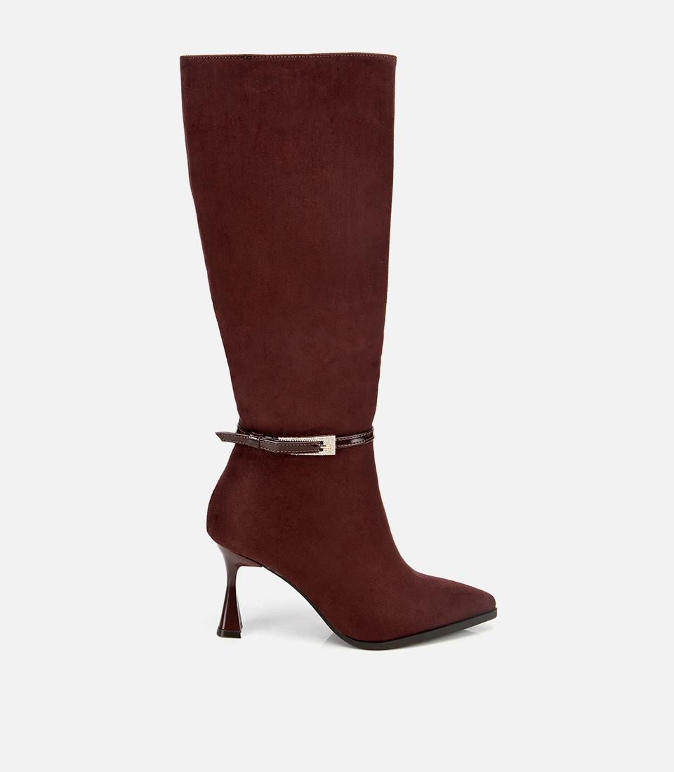  Kadın Süet Kahverengi Tokalı İnce Topuklu Bot