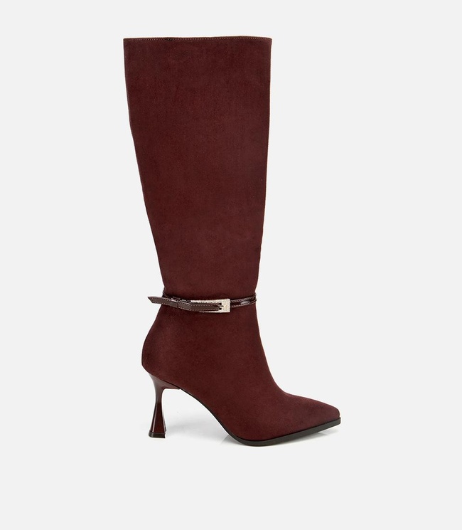  Kadın Süet Kahverengi Tokalı İnce Topuklu Bot