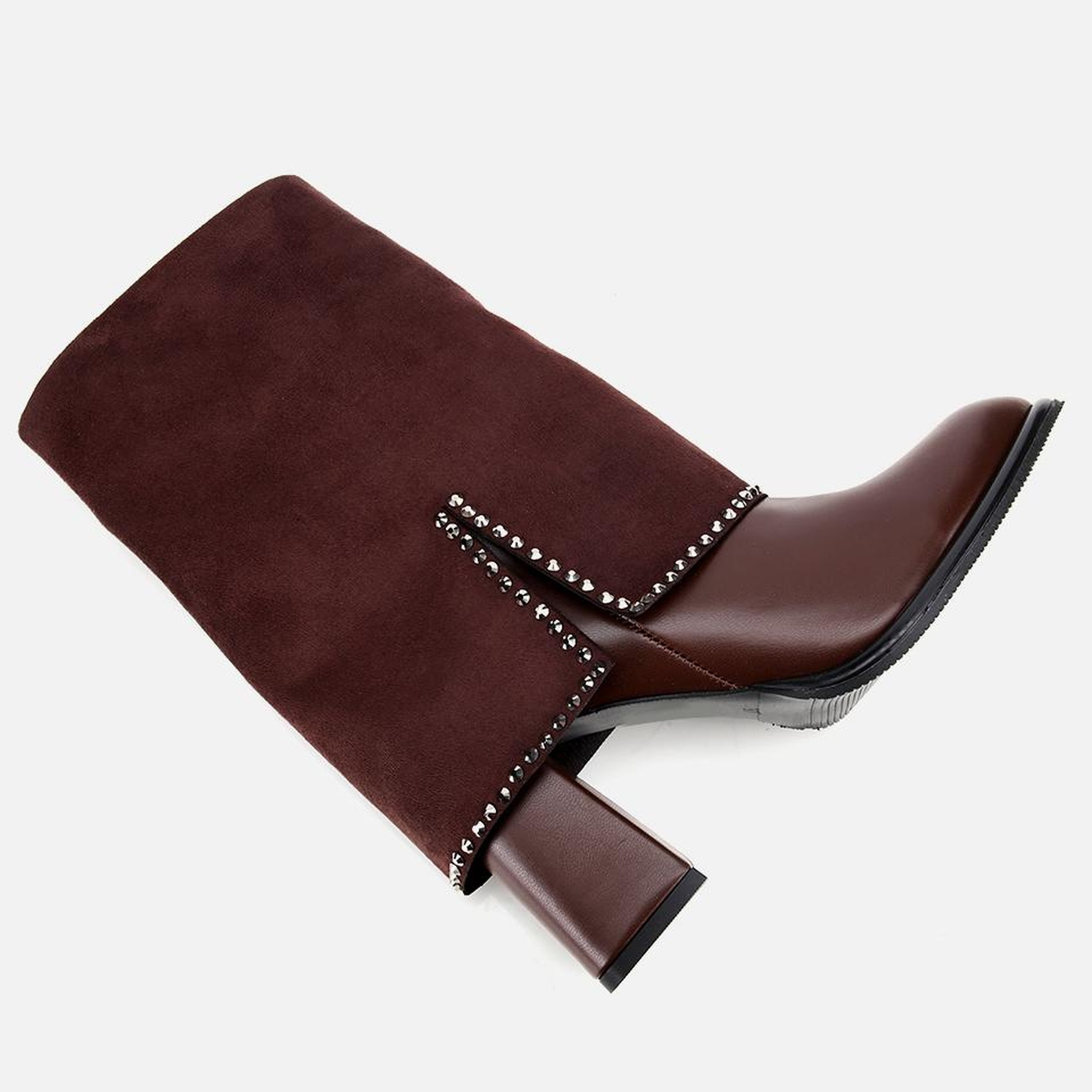 Kadın Kahverengi Pantolon Görünümlü Zımbalı Kalın Topuklu Bot