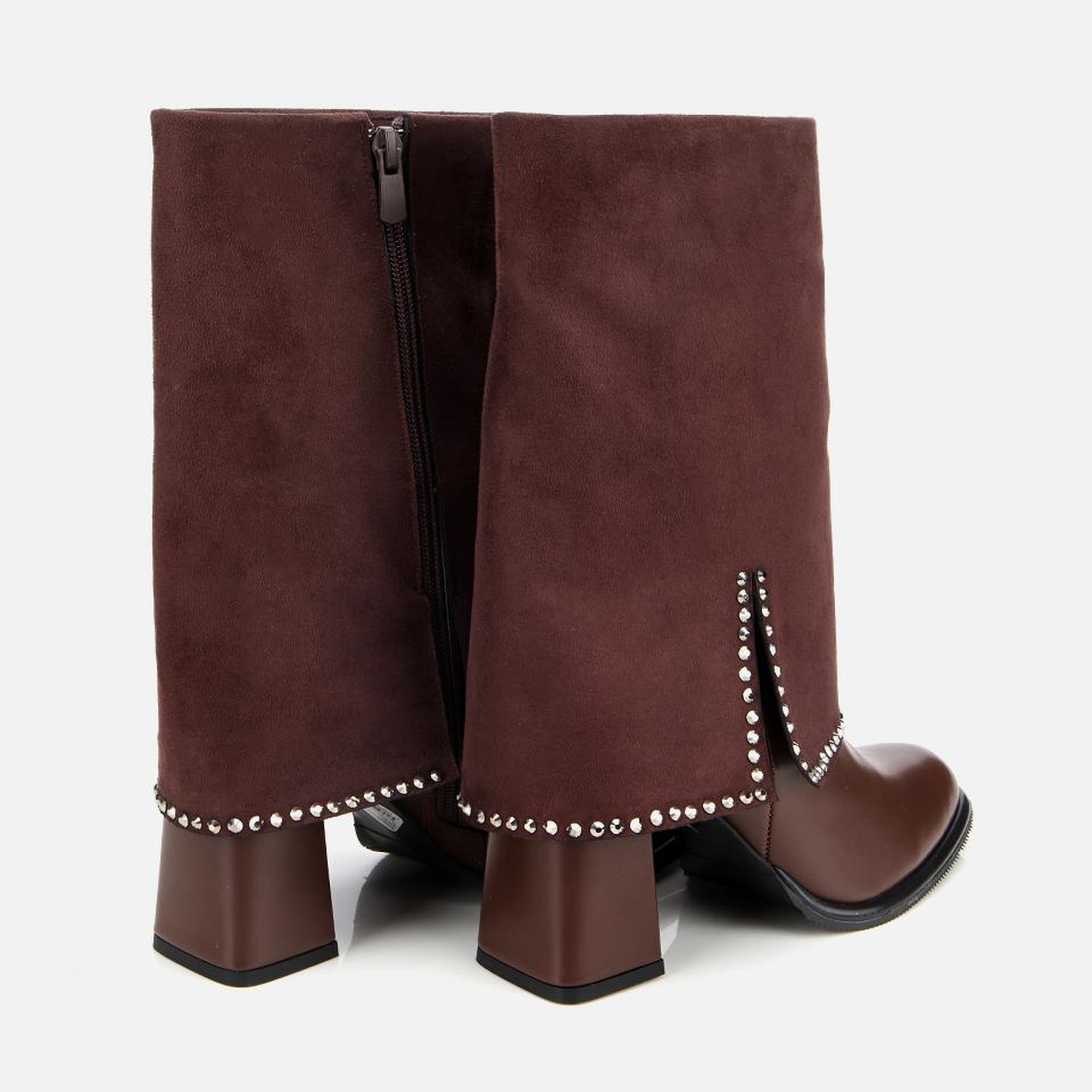 Kadın Kahverengi Pantolon Görünümlü Zımbalı Kalın Topuklu Bot