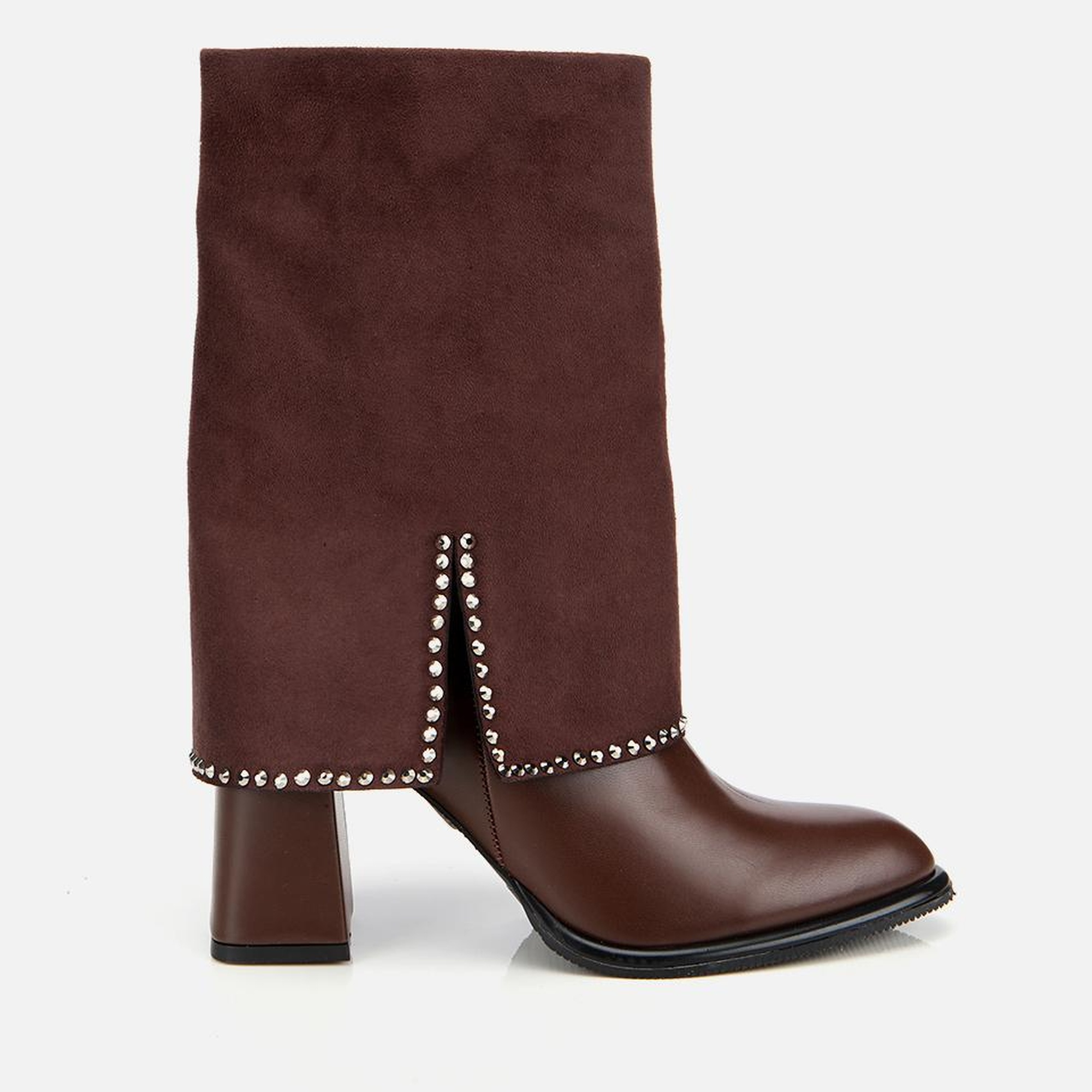 Kadın Kahverengi Pantolon Görünümlü Zımbalı Kalın Topuklu Bot