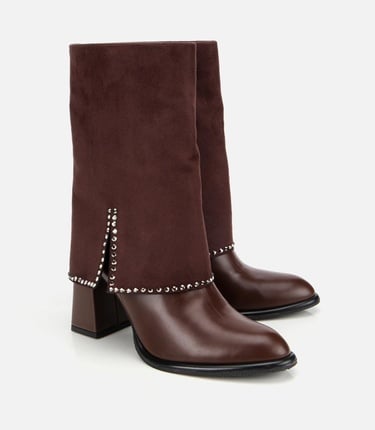  Kadın Kahverengi Pantolon Görünümlü Zımbalı Kalın Topuklu Bot