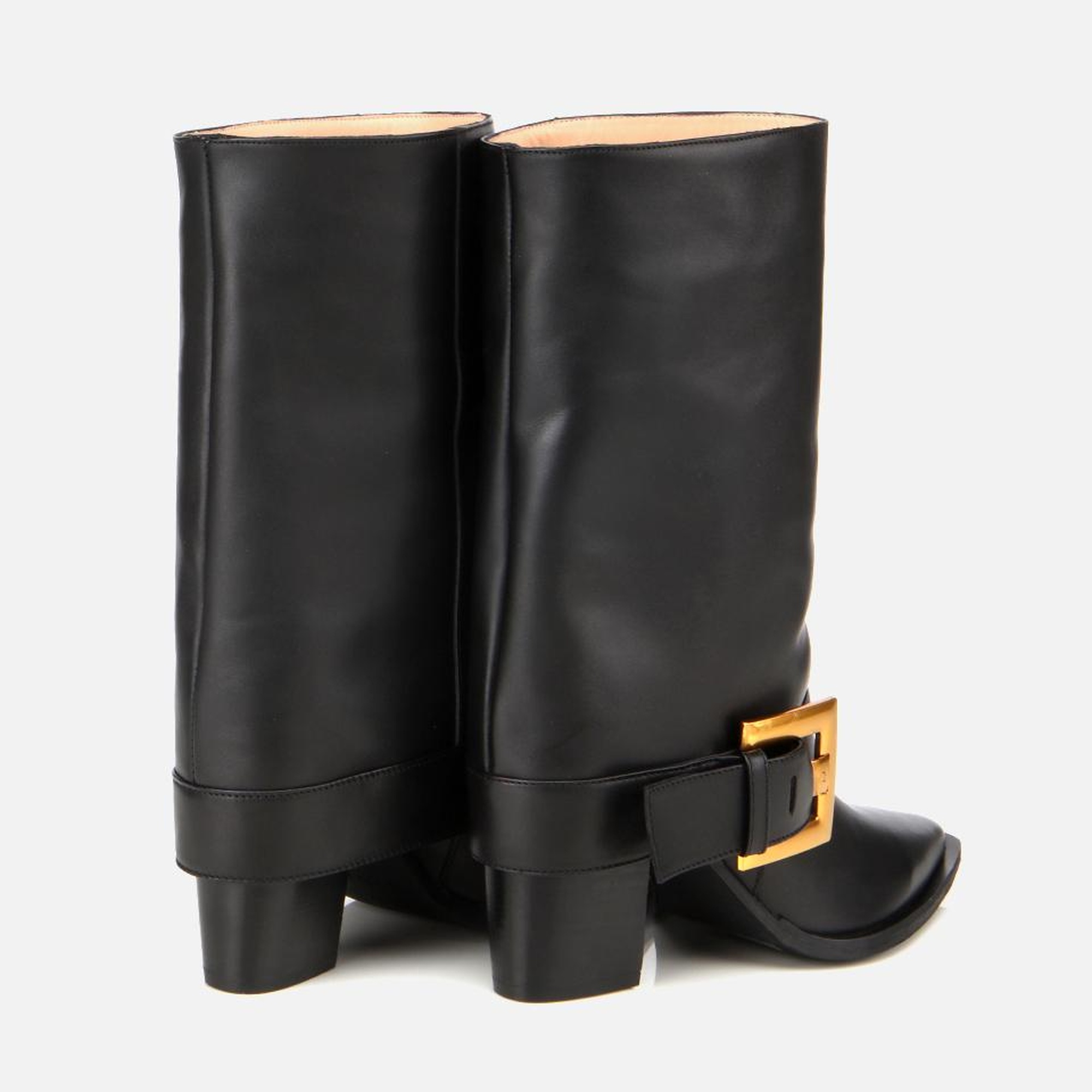 Kadın Deri Siyah Pantolon Görünümlü Gold Tokalı Kalın Topuklu Bot