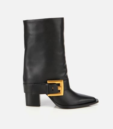  Kadın Deri Siyah Pantolon Görünümlü Gold Tokalı Kalın Topuklu Bot