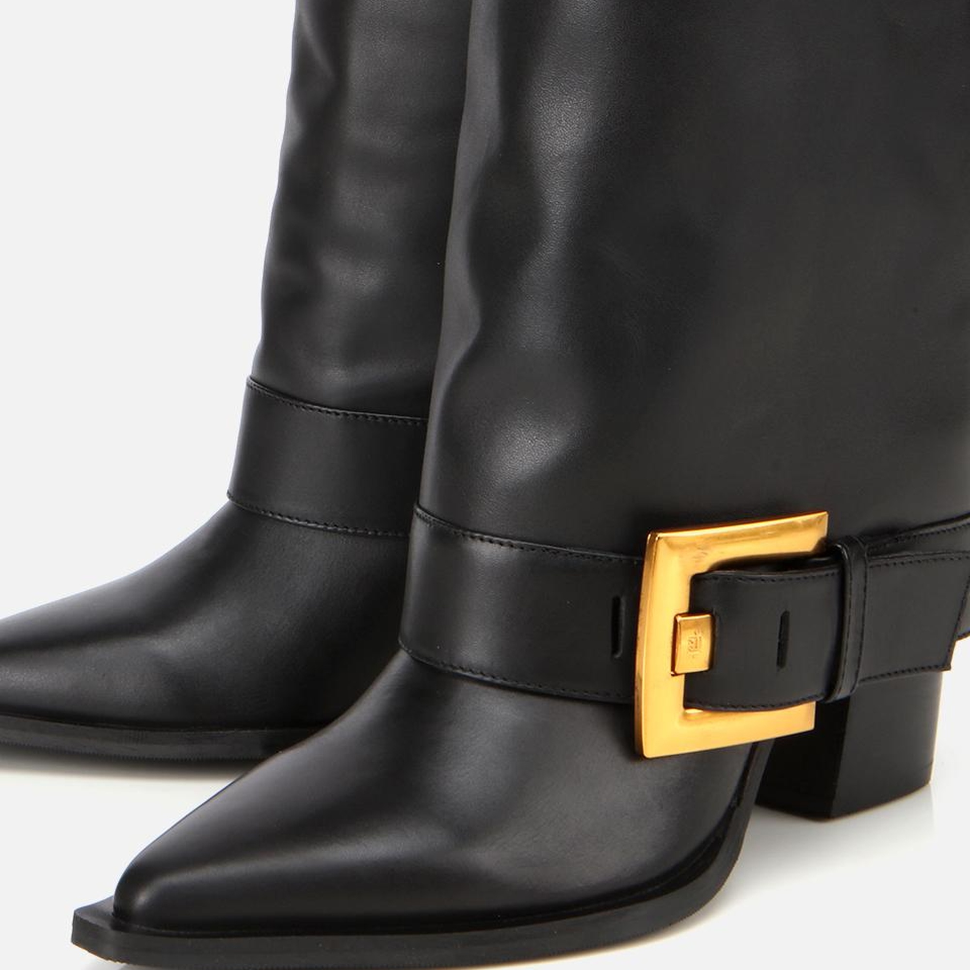 Kadın Deri Siyah Pantolon Görünümlü Gold Tokalı Kalın Topuklu Bot