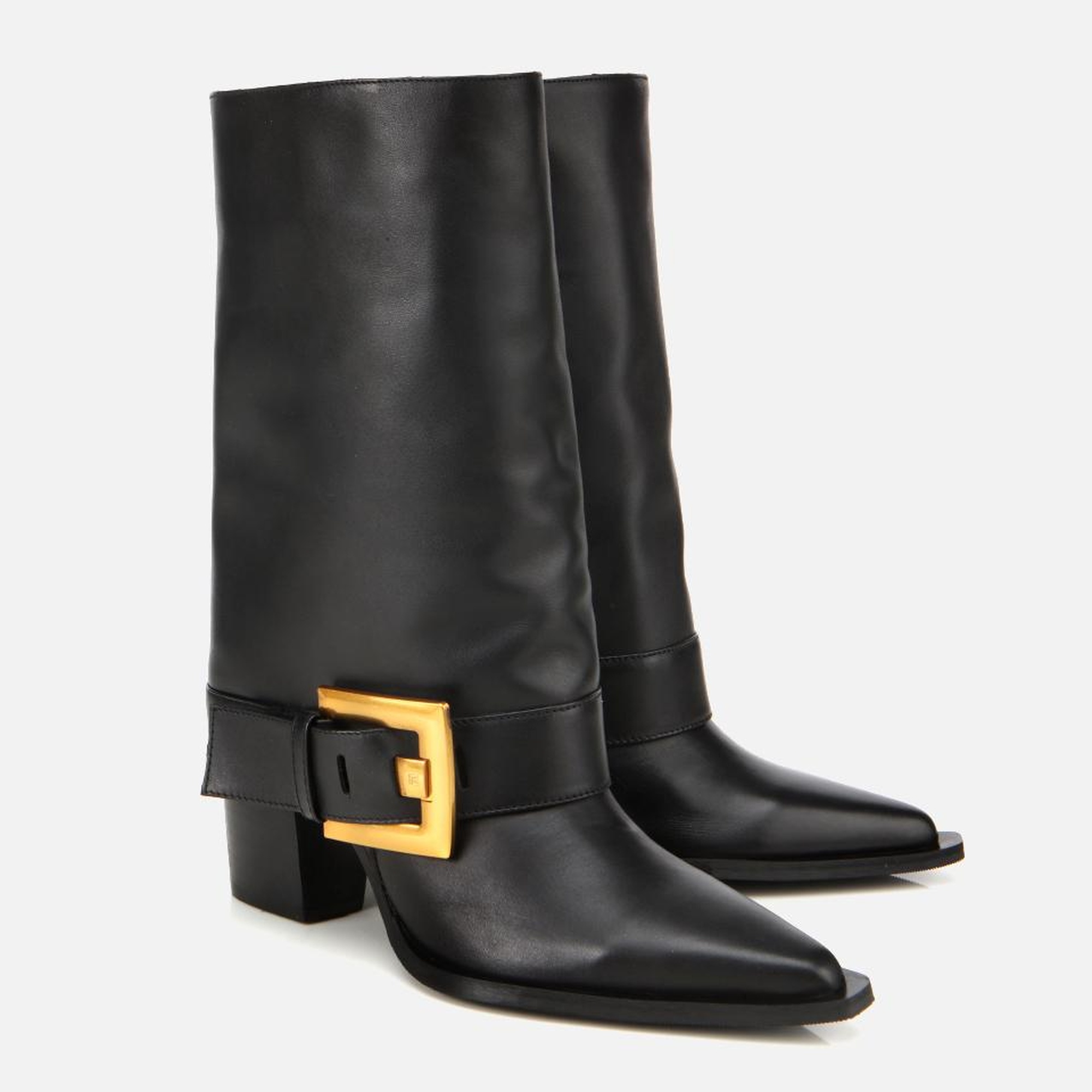 Kadın Deri Siyah Pantolon Görünümlü Gold Tokalı Kalın Topuklu Bot