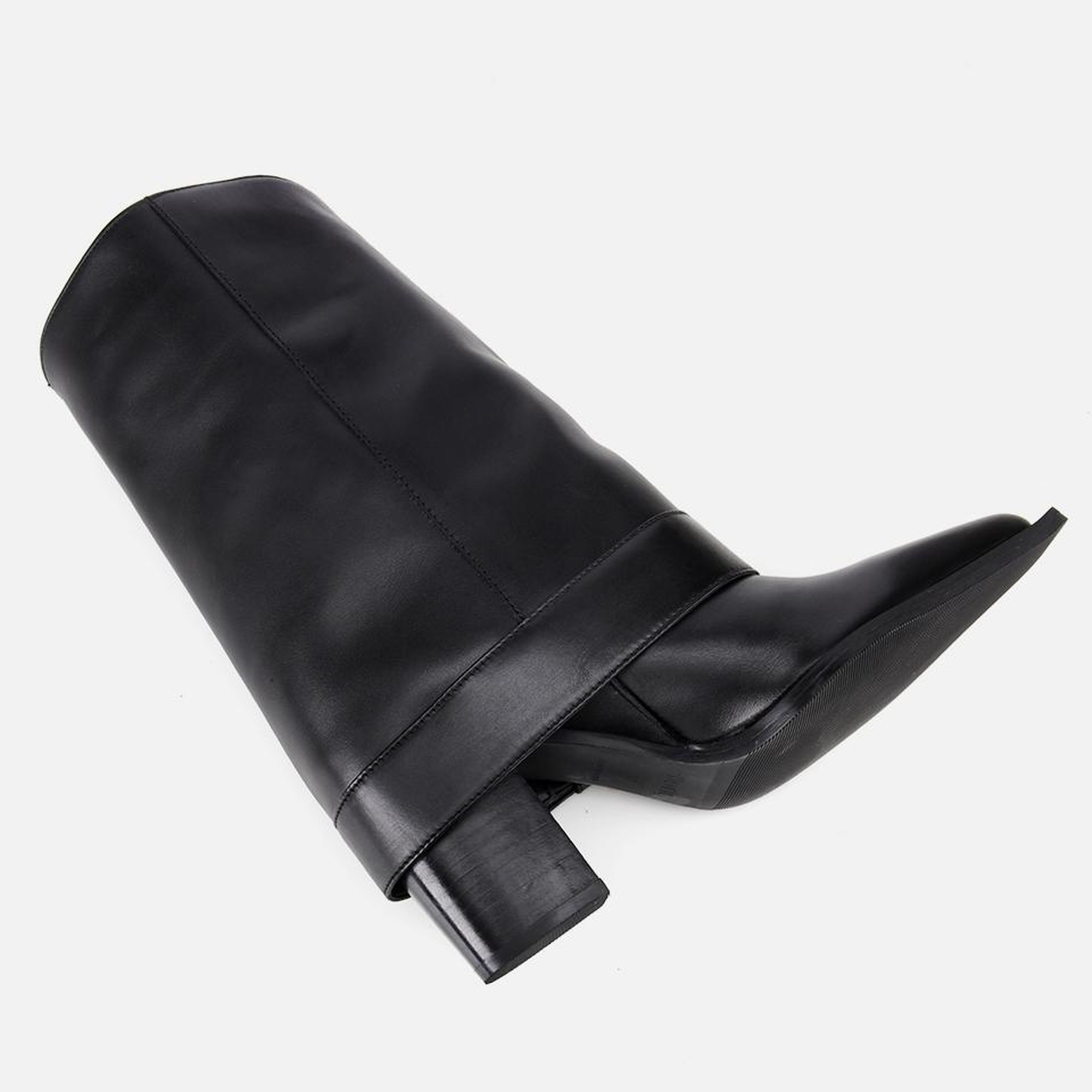 Kadın Deri Siyah Pantolon Görünümlü Gold Tokalı Kalın Topuklu Bot