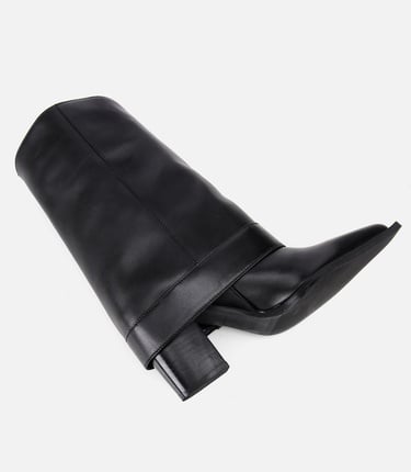  Kadın Deri Siyah Pantolon Görünümlü Gold Tokalı Kalın Topuklu Bot