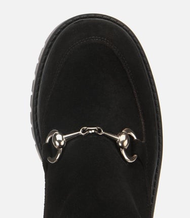  Kadın Süet Deri Siyah Tokalı Lastik Detaylı  Kalın Tabanlı Topuklu Bot