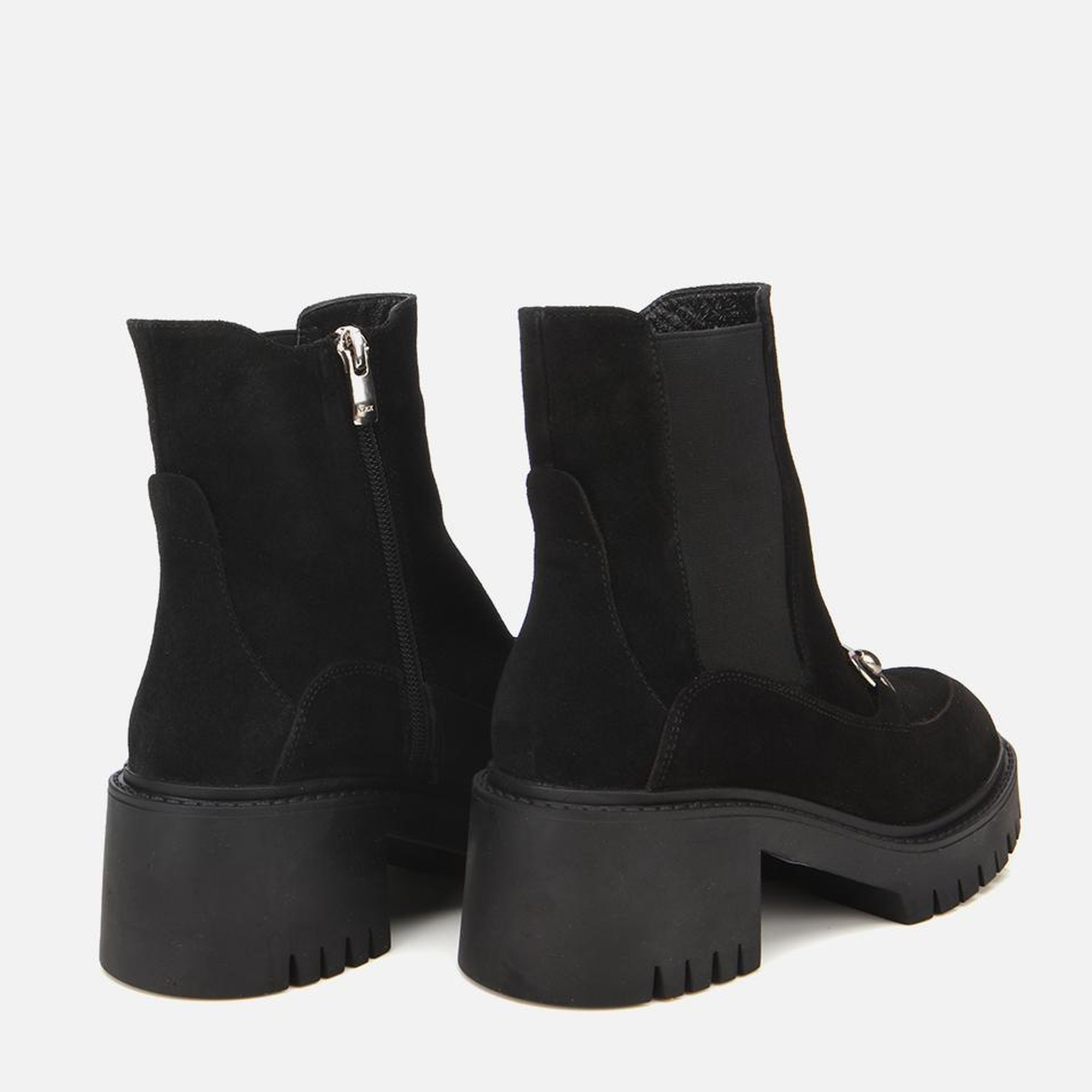 Kadın Süet Deri Siyah Tokalı Lastik Detaylı  Kalın Tabanlı Topuklu Bot