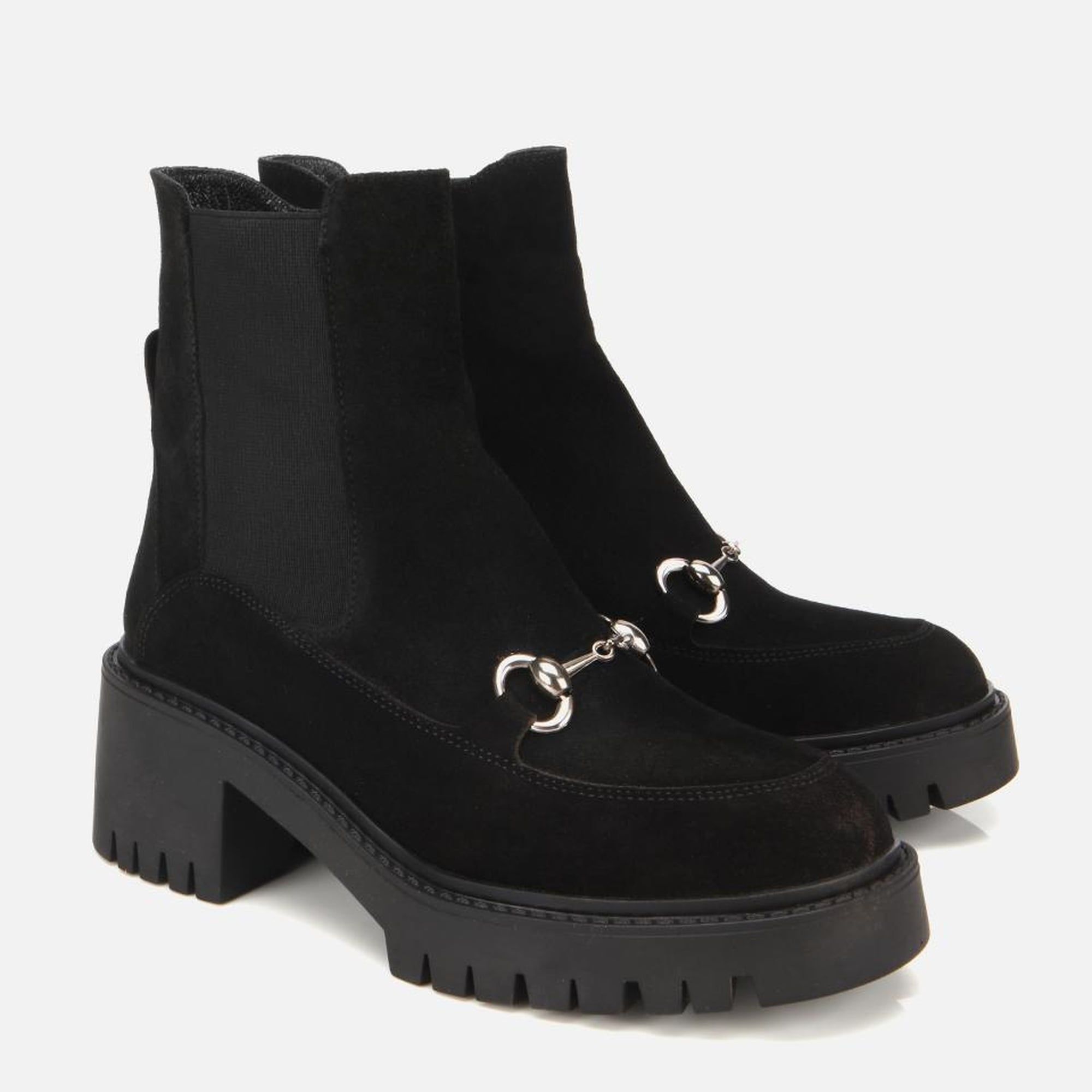 Kadın Süet Deri Siyah Tokalı Lastik Detaylı  Kalın Tabanlı Topuklu Bot