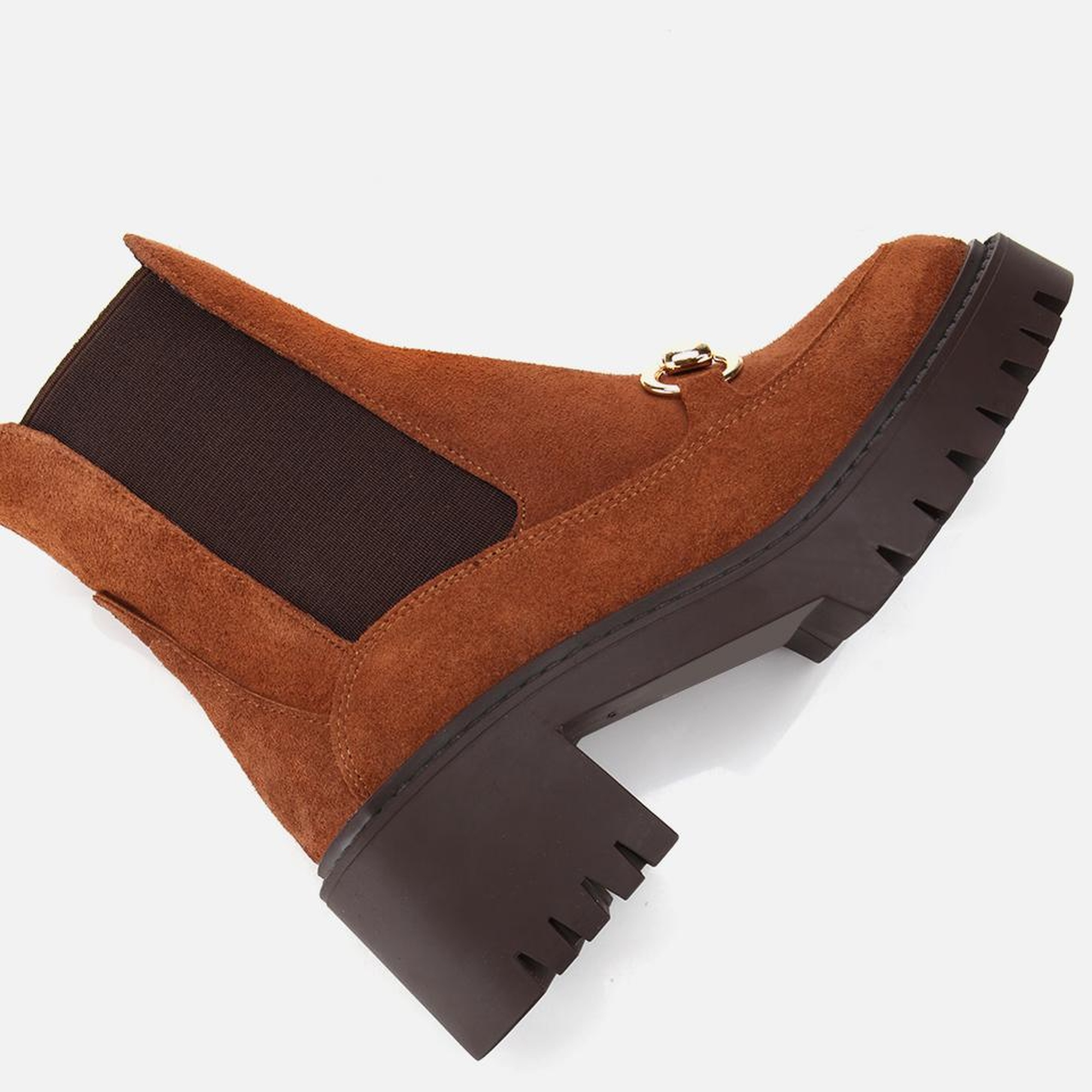 Kadın Süet Deri Taba Tokalı Lastik Detaylı  Kalın Tabanlı Topuklu Bot