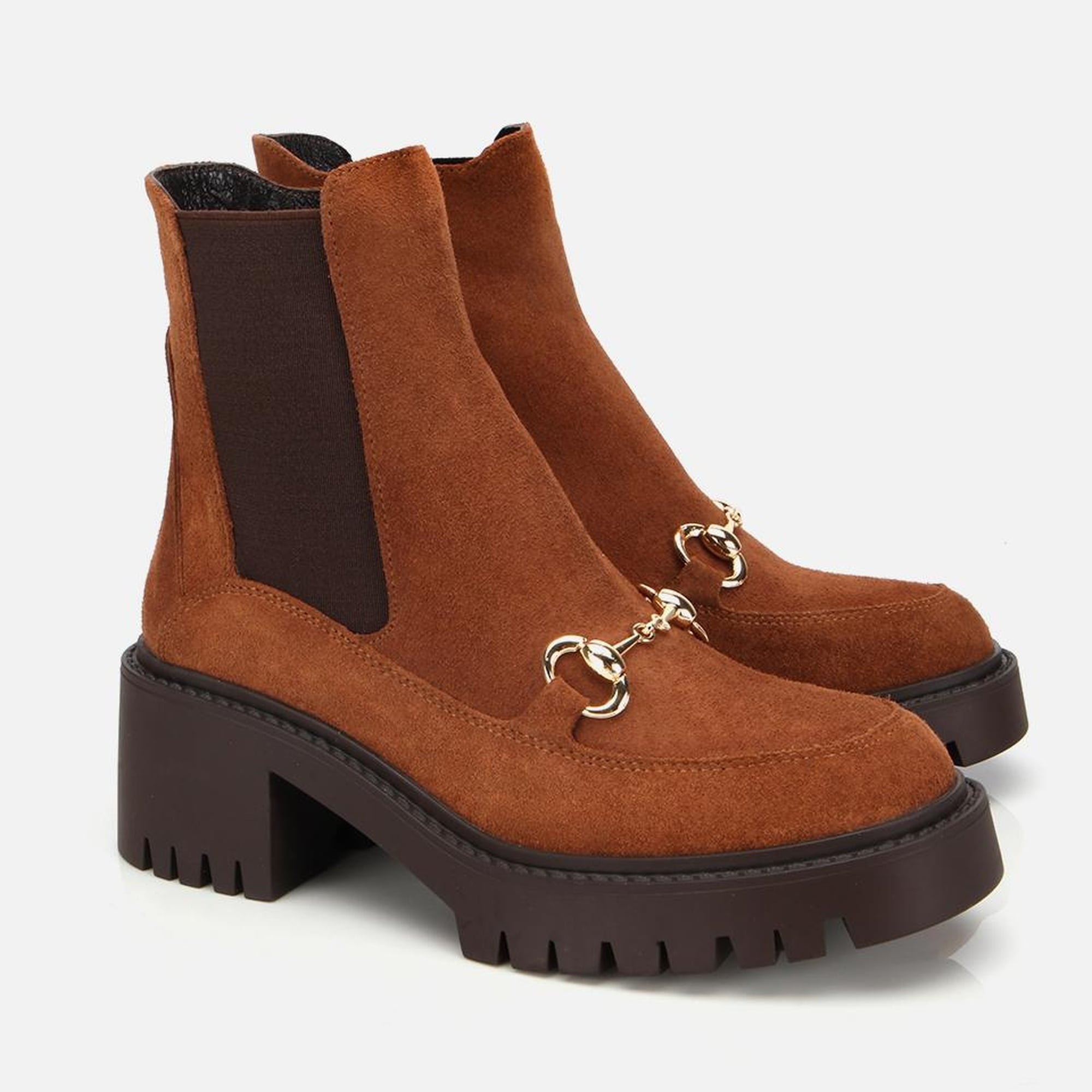 Kadın Süet Deri Taba Tokalı Lastik Detaylı  Kalın Tabanlı Topuklu Bot