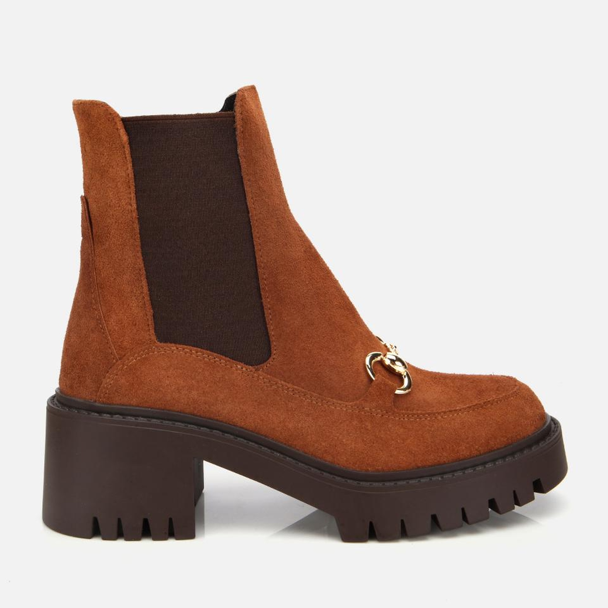 Kadın Süet Deri Taba Tokalı Lastik Detaylı  Kalın Tabanlı Topuklu Bot