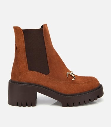  Kadın Süet Deri Taba Tokalı Lastik Detaylı  Kalın Tabanlı Topuklu Bot