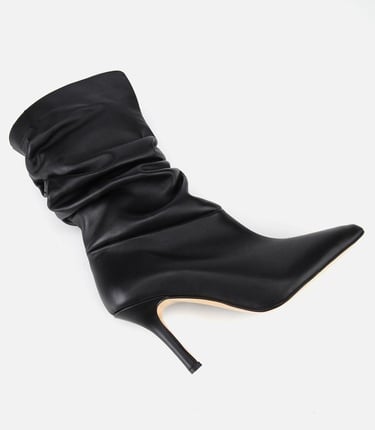 Kadın Deri Siyah Büzgülü Sivri Burunlu İnce Topuklu Bot