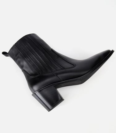  Kadın Deri Siyah Lastik Detaylı Fermuarlı Kovboy Düz Bot