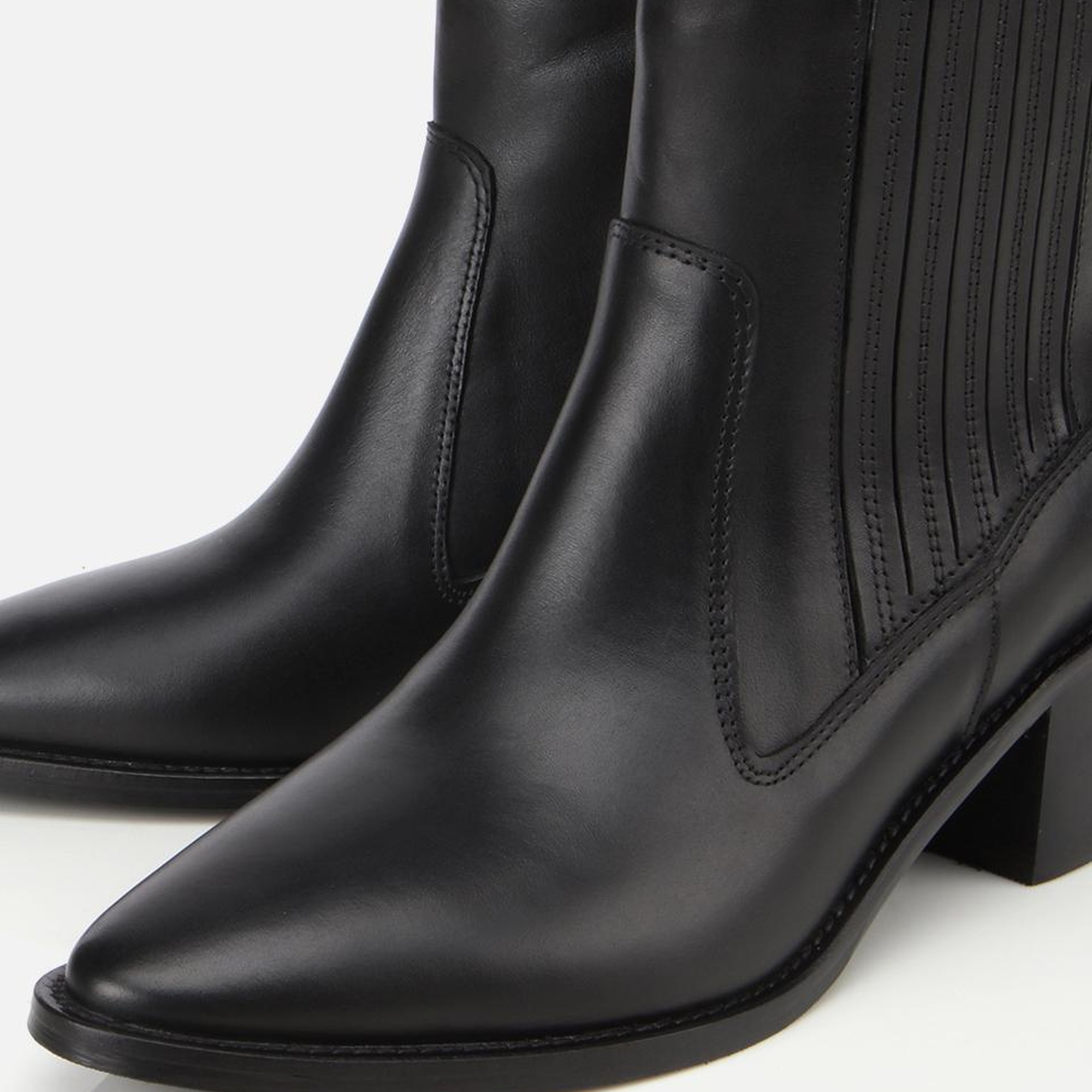 Kadın Deri Siyah Lastik Detaylı Fermuarlı Kovboy Düz Bot