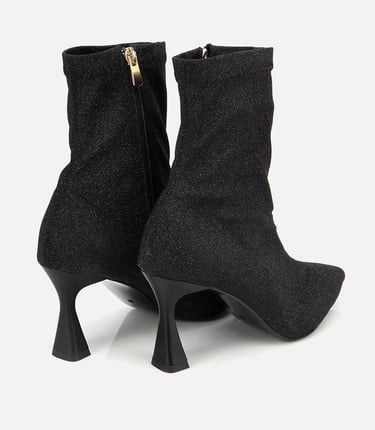  Kadın Siyah Simli Streç Fermuarlı Bilekte İnce Topuklu Bot