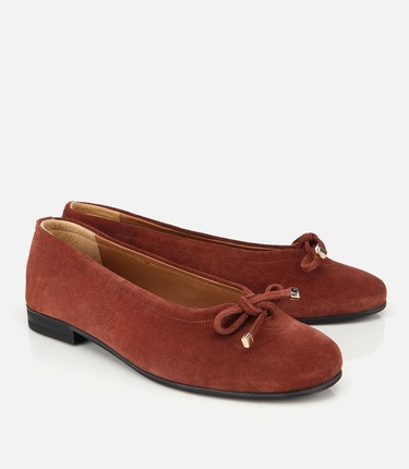  Kadın Süet Deri Kahverengi/Kiremit  Fiyonk Detaylı Babet