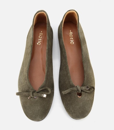  Kadın Süet Deri Haki Fiyonk Detaylı Babet