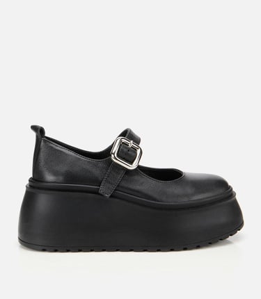  Kadın Deri Siyah Dolgu Topuklu Tokalı Babet