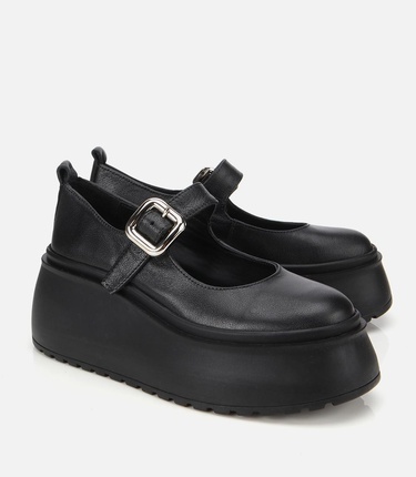  Kadın Deri Siyah Dolgu Topuklu Tokalı Babet