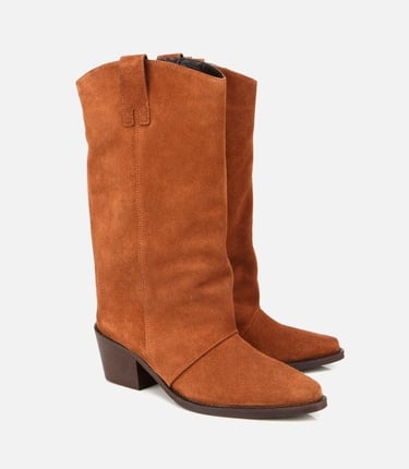  Kadın Süet Deri Taba Kovboy Topuklu Bot