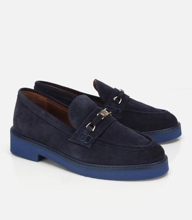  Kadın Süet Deri Lacivert Tokalı Hafif Tabanlı Klasik Loafer