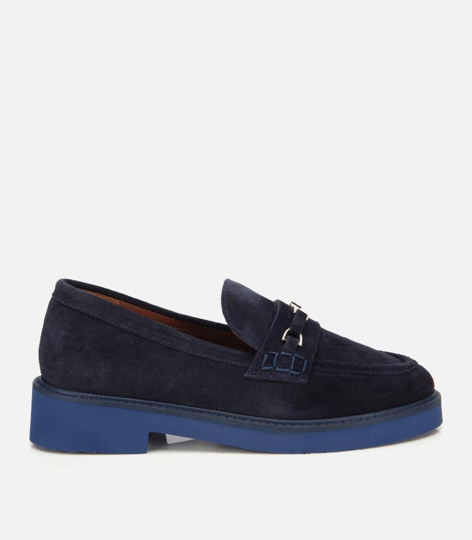  Kadın Süet Deri Lacivert Tokalı Hafif Tabanlı Klasik Loafer