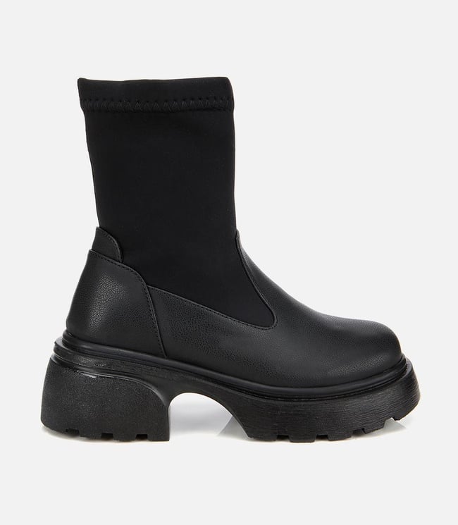  Kadın Siyah Streç Kalın Tabanlı Bilekte Düz Bot