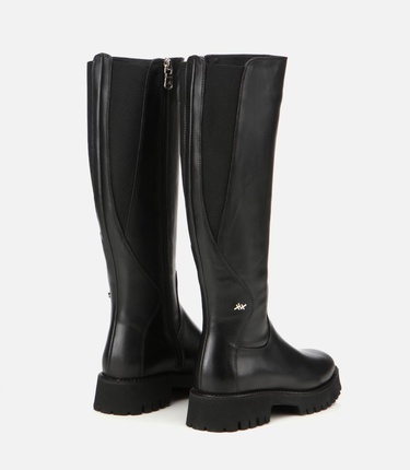  Kadın Deri Siyah Lastik Detaylı Binici Düz Çizme