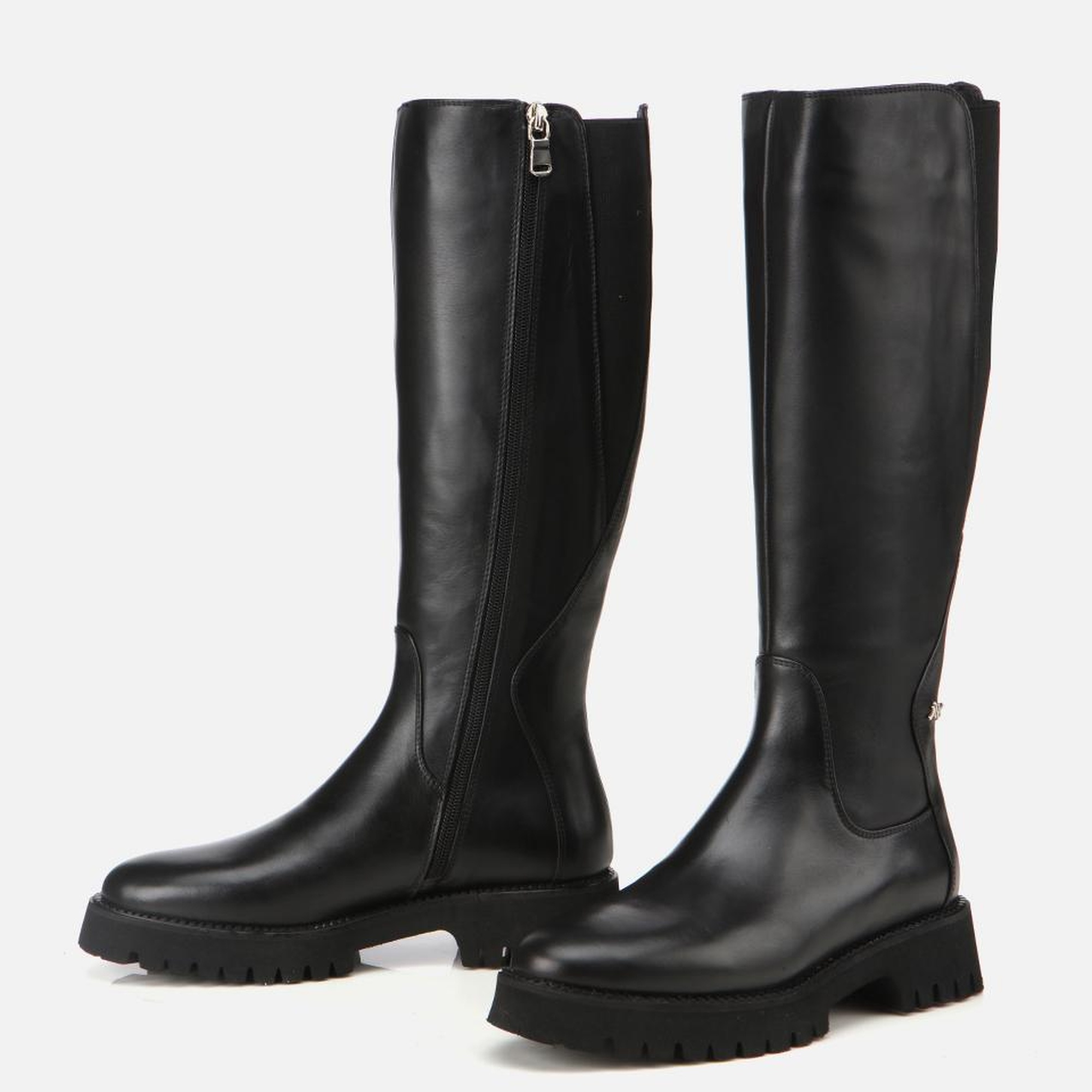 Kadın Deri Siyah Lastik Detaylı Binici Düz Çizme