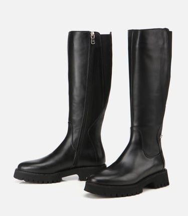  Kadın Deri Siyah Lastik Detaylı Binici Düz Çizme